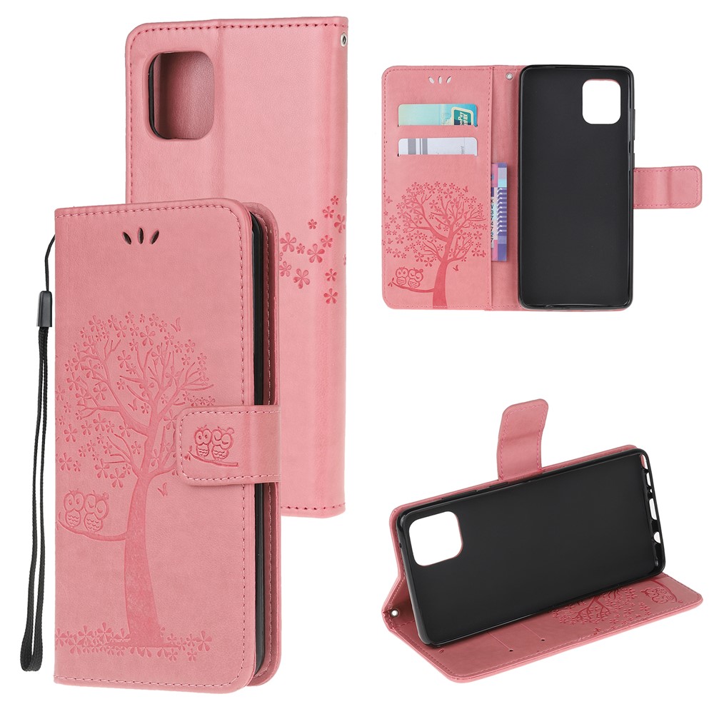 Imprint Tree Owl PU Leather Wallet Stand Phone Case for Samsung Galaxy A81/Note 10 Lite/M60s - Pink-1