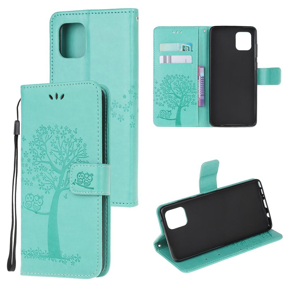 Imprint Tree Owl PU Leather Wallet Stand Phone Case for Samsung Galaxy A81/Note 10 Lite/M60s - Cyan-1