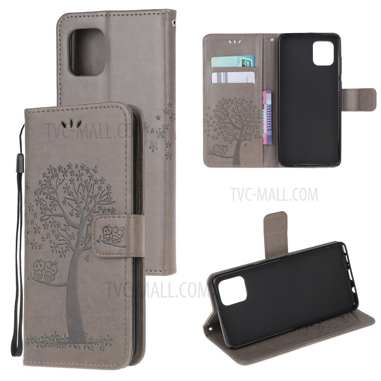 Imprint Tree Owl PU Leather Wallet Stand Phone Case for Samsung Galaxy A81/Note 10 Lite/M60s - Grey-1