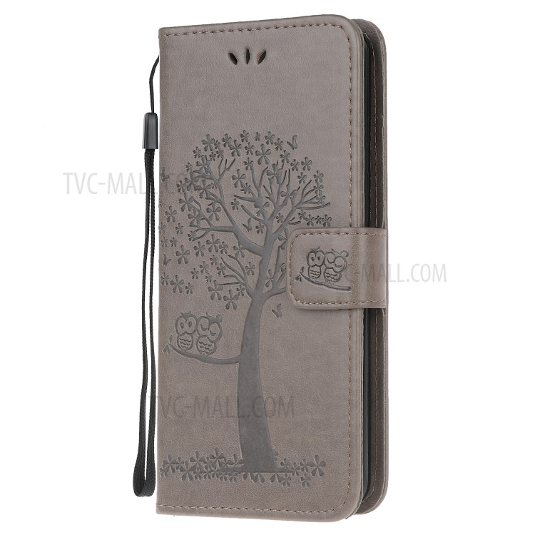 Imprint Tree Owl PU Leather Wallet Stand Phone Case for Samsung Galaxy A81/Note 10 Lite/M60s - Grey-2