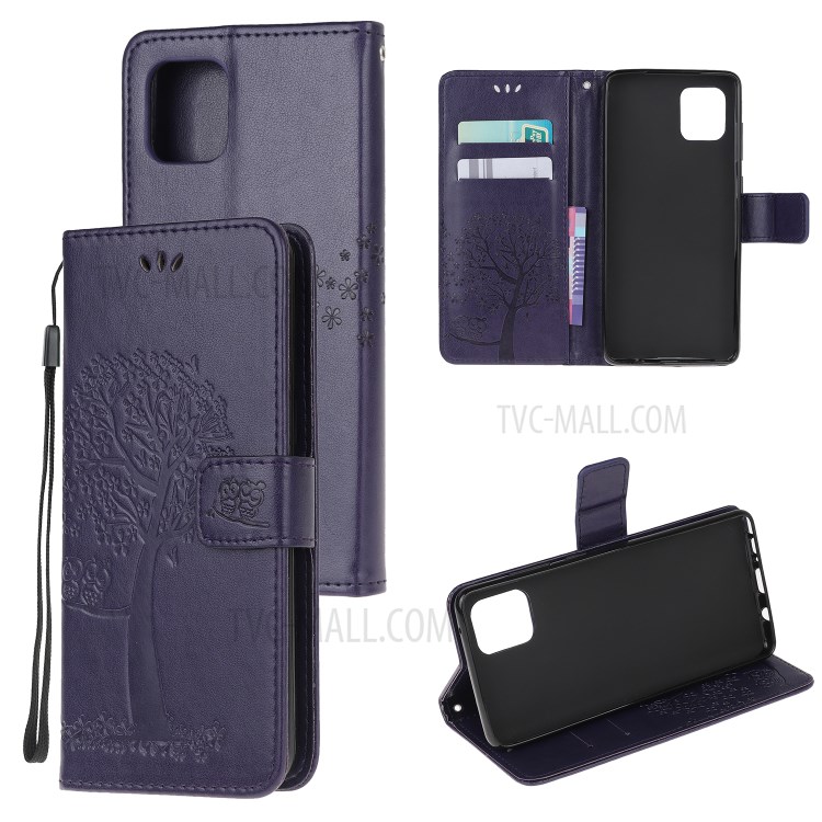 Imprint Tree Owl PU Leather Wallet Stand Phone Case for Samsung Galaxy A81/Note 10 Lite/M60s - Dark Purple-1