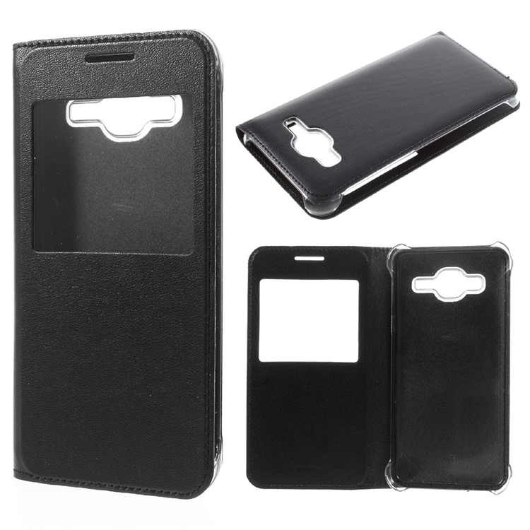 Window View Leather Flip Case for Samsung Galaxy J3 / J3 (2016) - Black-1