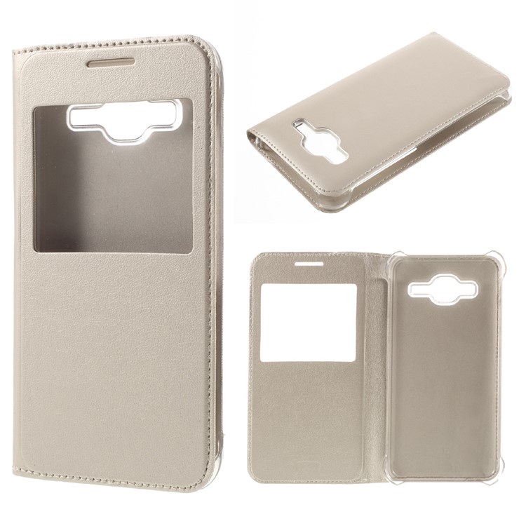 Window View PU Leather Case for Samsung Galaxy J3 / J3 (2016) - Gold-1