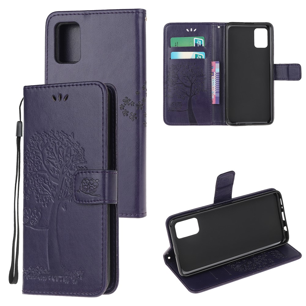 Imprint Tree Owl PU Leather Wallet Stand Phone Case for Samsung Galaxy A91/S10 Lite/M80s - Dark Purple-1