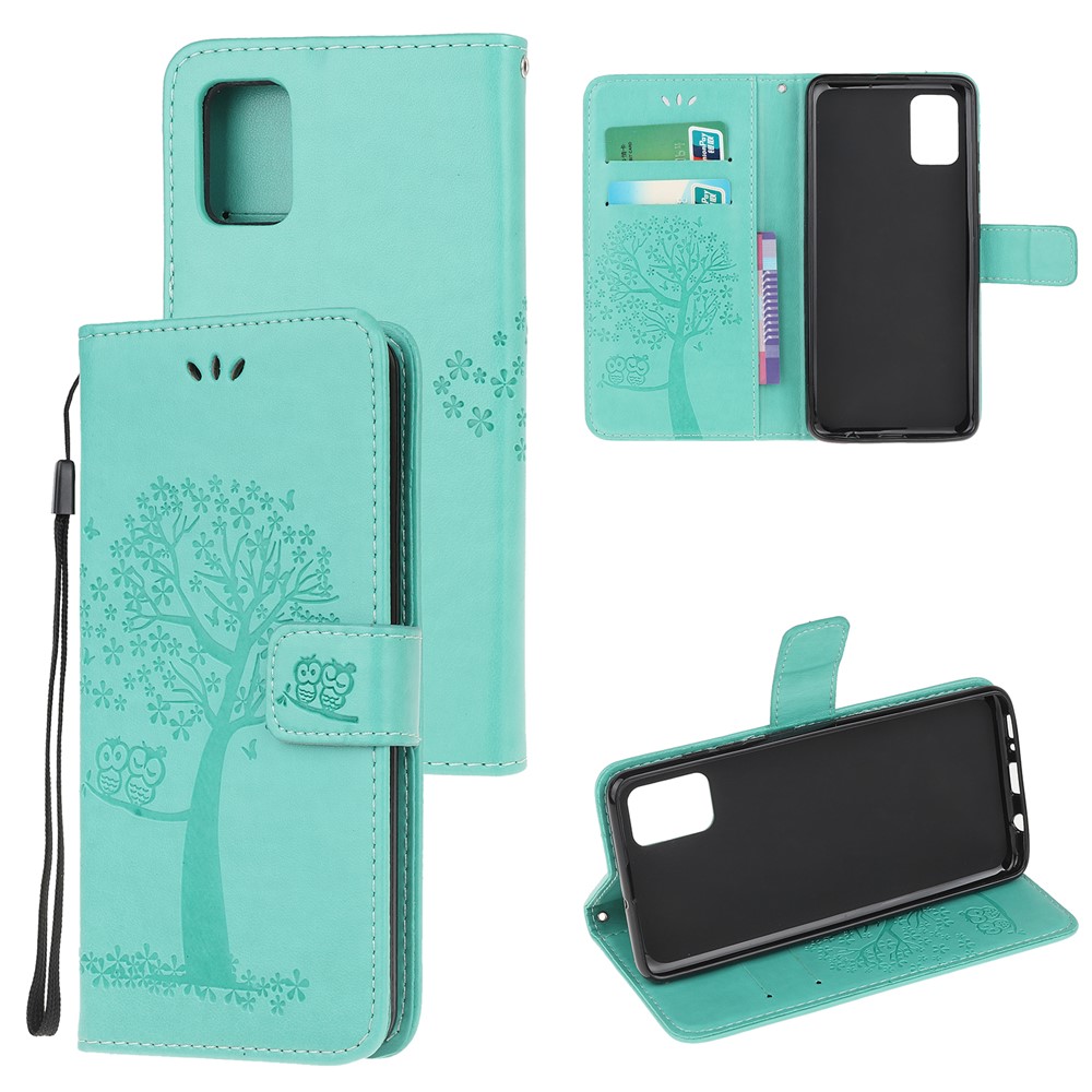 Imprint Tree Owl PU Leather Wallet Stand Phone Case for Samsung Galaxy A91/S10 Lite/M80s - Cyan-1