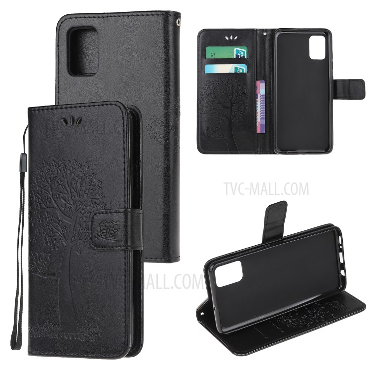 Imprint Tree Owl PU Leather Wallet Stand Phone Case for Samsung Galaxy A91/S10 Lite/M80s - Black-1