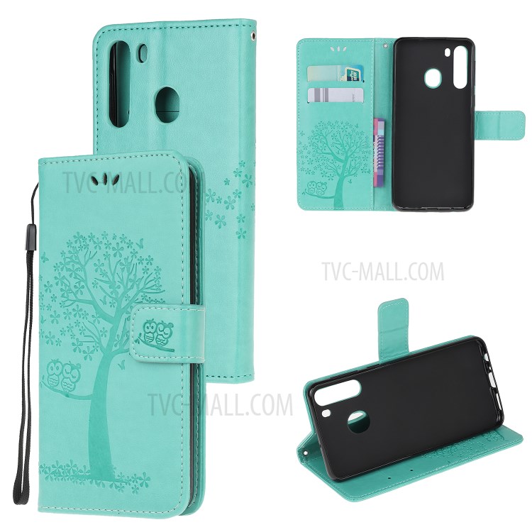 Imprint Tree Owl PU Leather Wallet Stand Phone Case for Samsung Galaxy A21 - Cyan-1