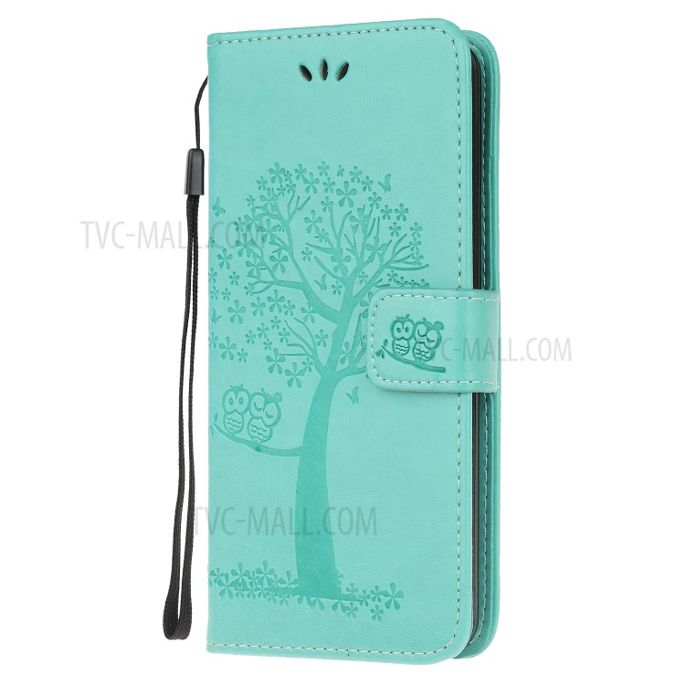 Imprint Tree Owl PU Leather Wallet Stand Phone Case for Samsung Galaxy A21 - Cyan-2