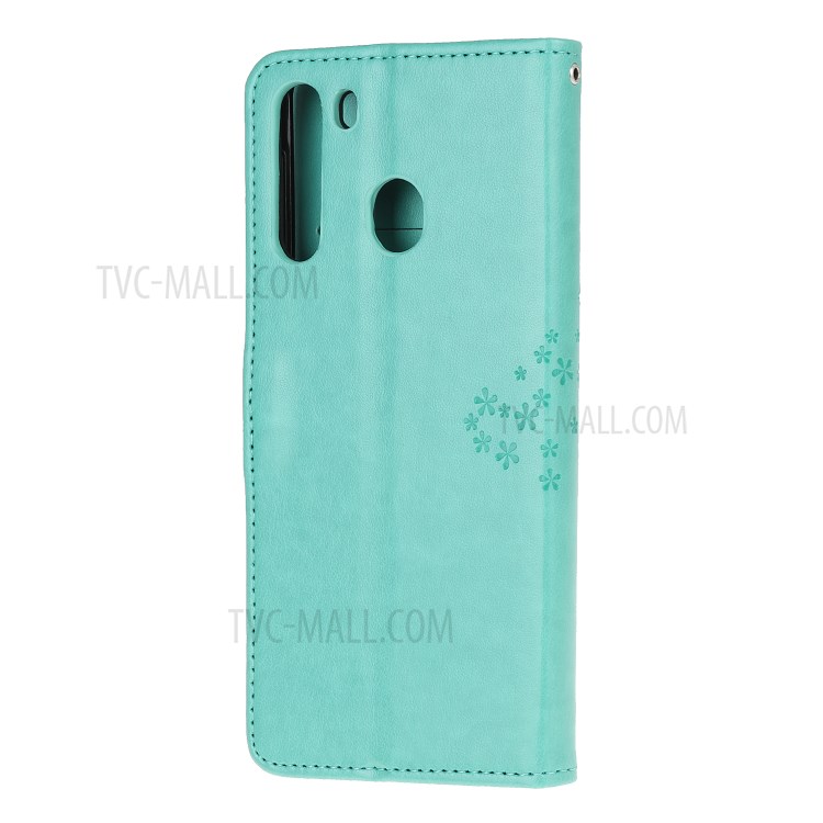 Imprint Tree Owl PU Leather Wallet Stand Phone Case for Samsung Galaxy A21 - Cyan-3