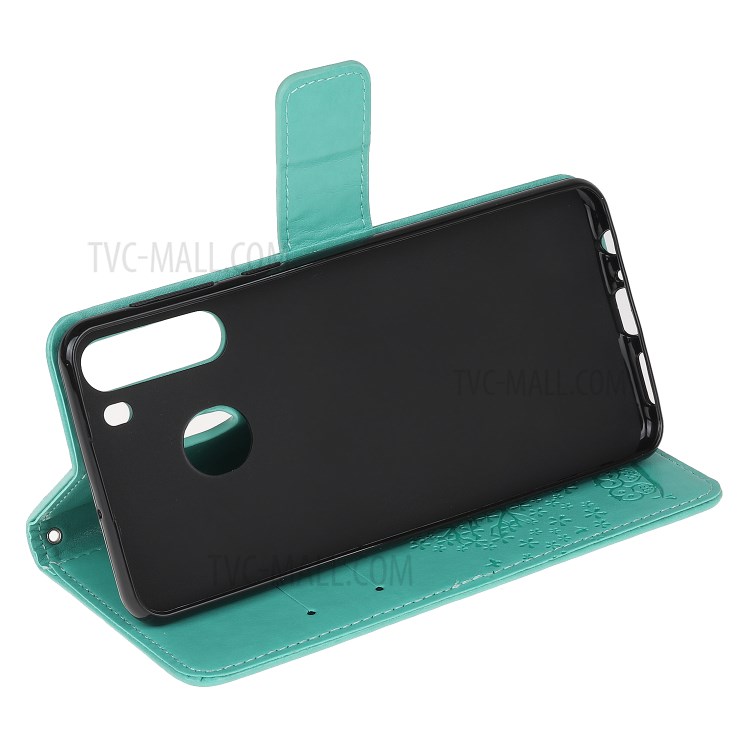 Imprint Tree Owl PU Leather Wallet Stand Phone Case for Samsung Galaxy A21 - Cyan-4