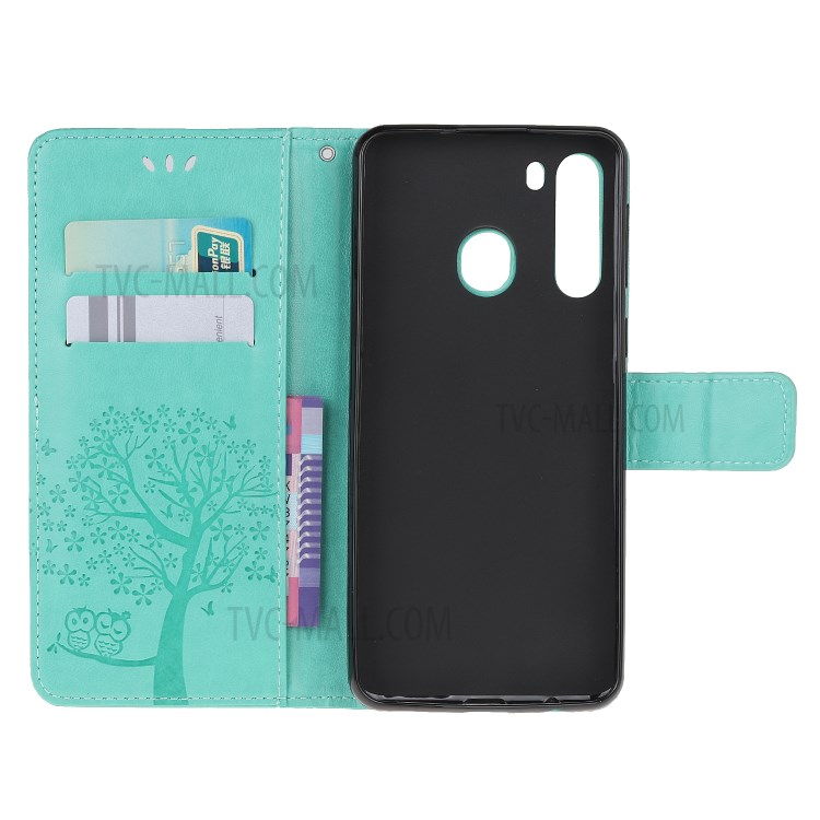 Imprint Tree Owl PU Leather Wallet Stand Phone Case for Samsung Galaxy A21 - Cyan-5