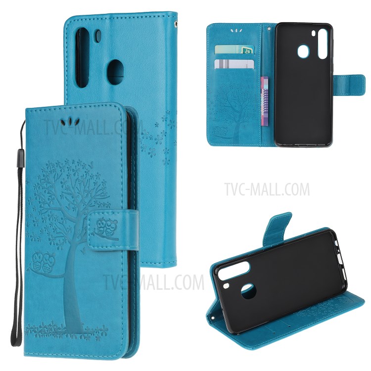 Imprint Tree Owl PU Leather Wallet Stand Phone Case for Samsung Galaxy A21 - Blue-1