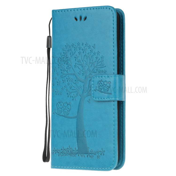 Imprint Tree Owl PU Leather Wallet Stand Phone Case for Samsung Galaxy A21 - Blue-2