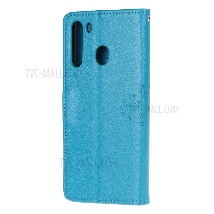 Imprint Tree Owl PU Leather Wallet Stand Phone Case for Samsung Galaxy A21 - Blue-3