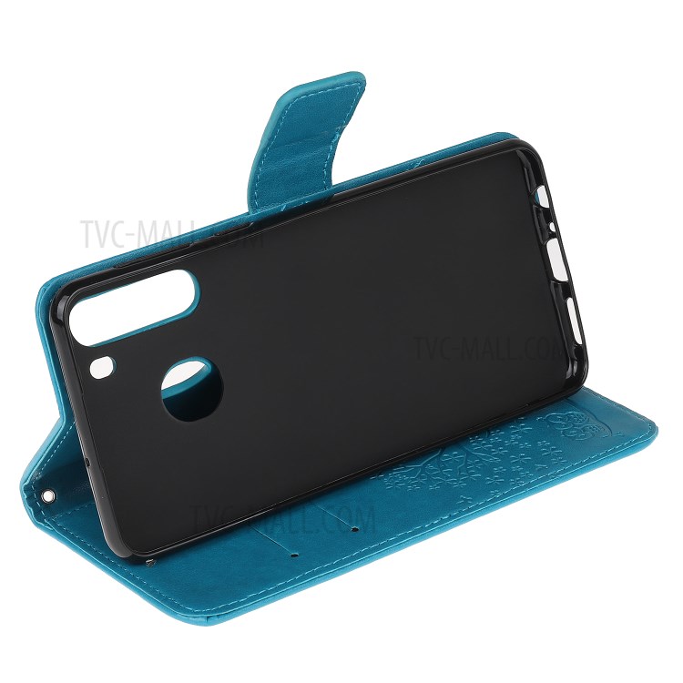 Imprint Tree Owl PU Leather Wallet Stand Phone Case for Samsung Galaxy A21 - Blue-4
