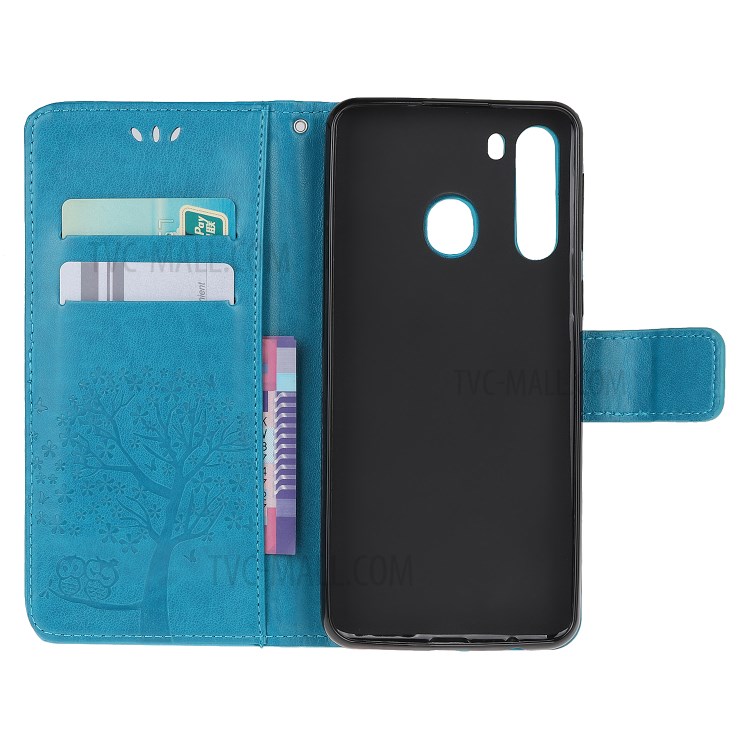 Imprint Tree Owl PU Leather Wallet Stand Phone Case for Samsung Galaxy A21 - Blue-5
