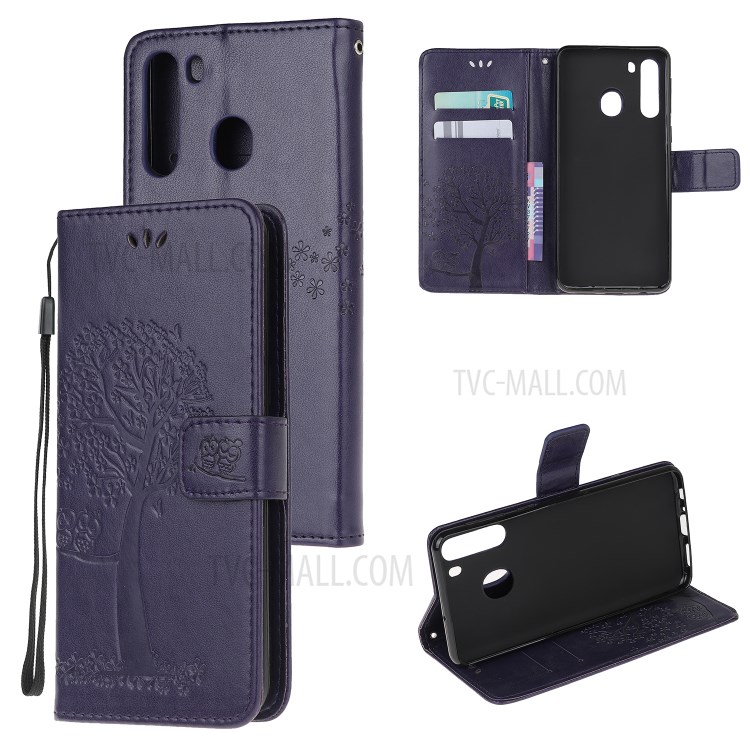 Imprint Tree Owl PU Leather Wallet Stand Phone Case for Samsung Galaxy A21 - Dark Purple-1