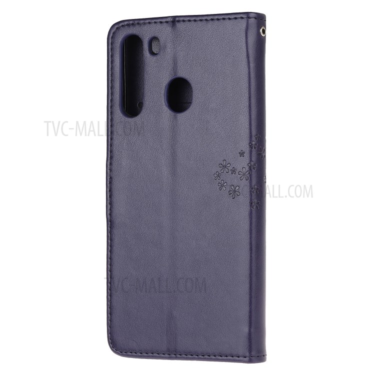 Imprint Tree Owl PU Leather Wallet Stand Phone Case for Samsung Galaxy A21 - Dark Purple-3