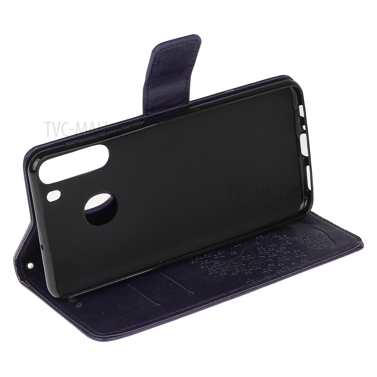Imprint Tree Owl PU Leather Wallet Stand Phone Case for Samsung Galaxy A21 - Dark Purple-4