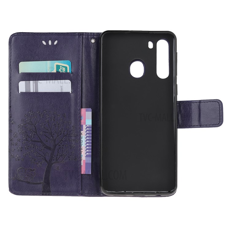 Imprint Tree Owl PU Leather Wallet Stand Phone Case for Samsung Galaxy A21 - Dark Purple-5