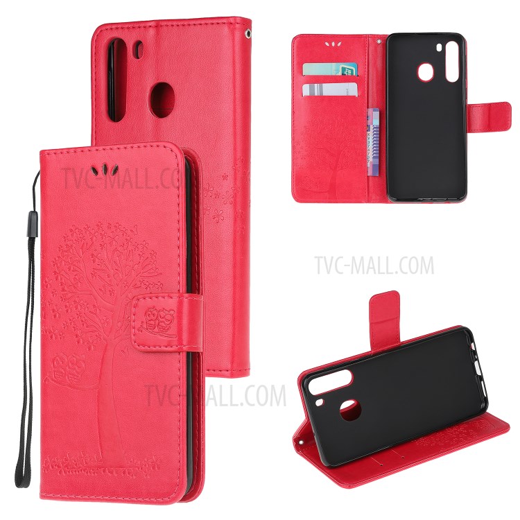 Imprint Tree Owl PU Leather Wallet Stand Phone Case for Samsung Galaxy A21 - Red-1