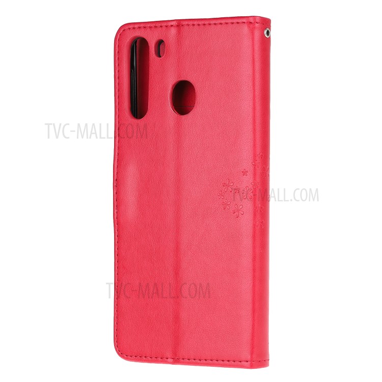 Imprint Tree Owl PU Leather Wallet Stand Phone Case for Samsung Galaxy A21 - Red-3