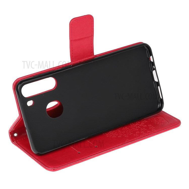 Imprint Tree Owl PU Leather Wallet Stand Phone Case for Samsung Galaxy A21 - Red-4