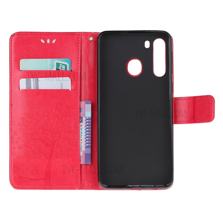 Imprint Tree Owl PU Leather Wallet Stand Phone Case for Samsung Galaxy A21 - Red-5