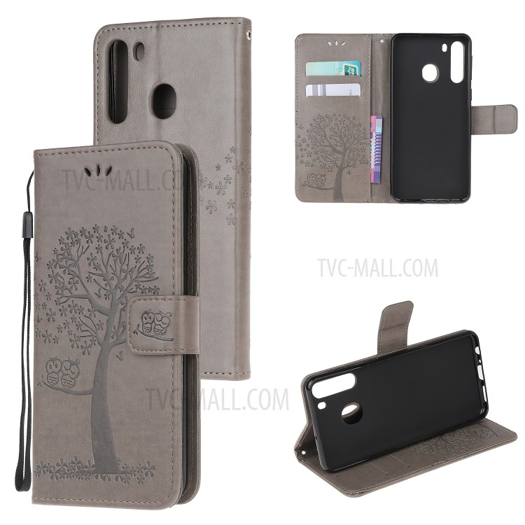 Imprint Tree Owl PU Leather Wallet Stand Phone Case for Samsung Galaxy A21 - Grey-1