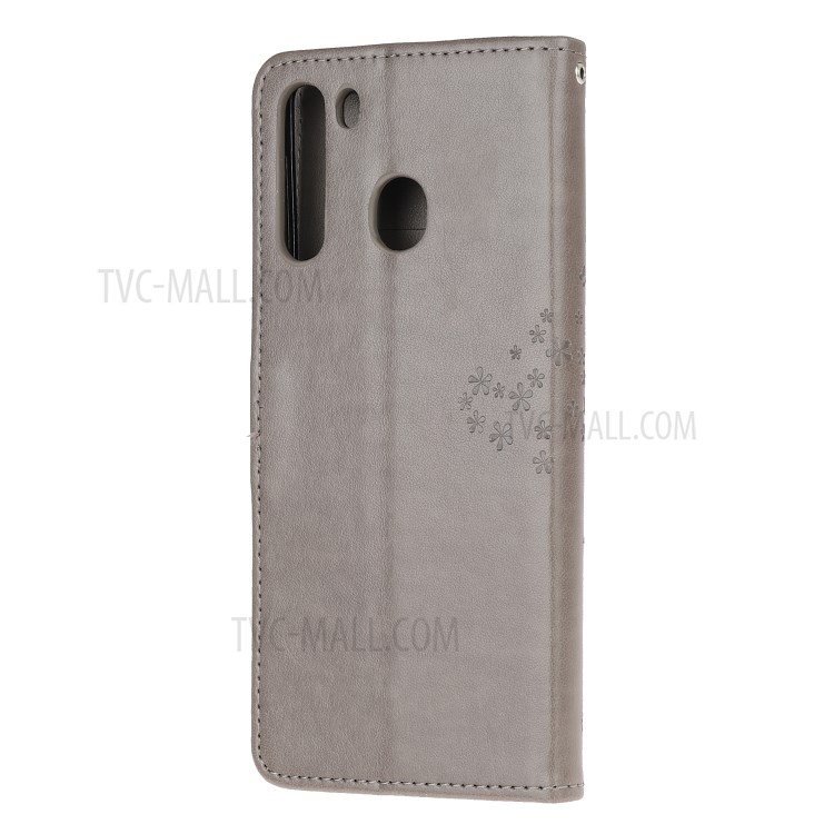 Imprint Tree Owl PU Leather Wallet Stand Phone Case for Samsung Galaxy A21 - Grey-3