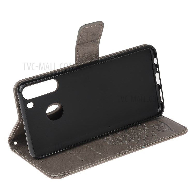 Imprint Tree Owl PU Leather Wallet Stand Phone Case for Samsung Galaxy A21 - Grey-4