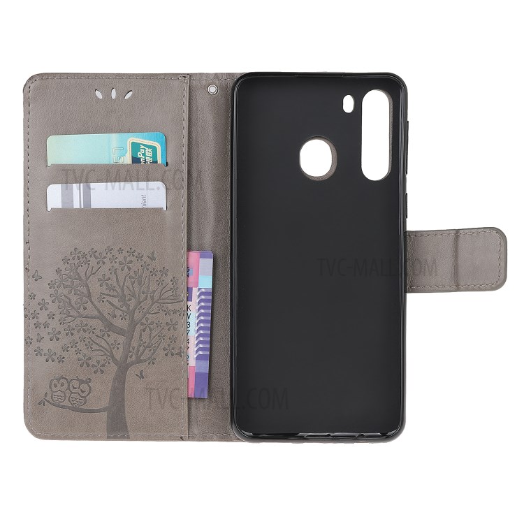 Imprint Tree Owl PU Leather Wallet Stand Phone Case for Samsung Galaxy A21 - Grey-5