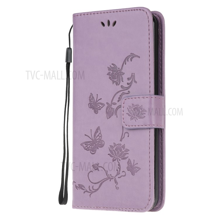 Imprint Butterfly Flower PU Leather Flip Stand Phone Case for Samsung Galaxy A21 - Purple-2