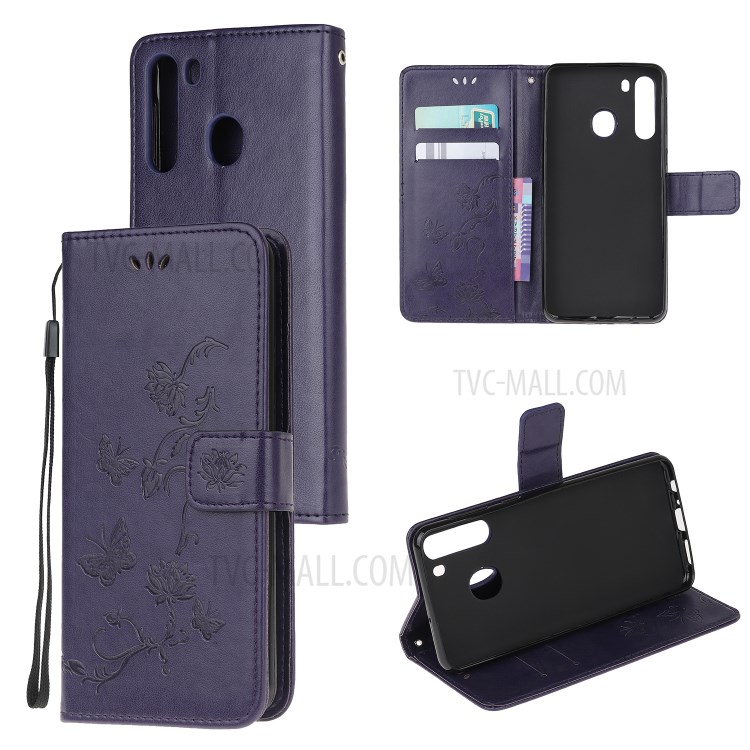 Imprint Butterfly Flower PU Leather Flip Stand Phone Case for Samsung Galaxy A21 - Dark Purple-1
