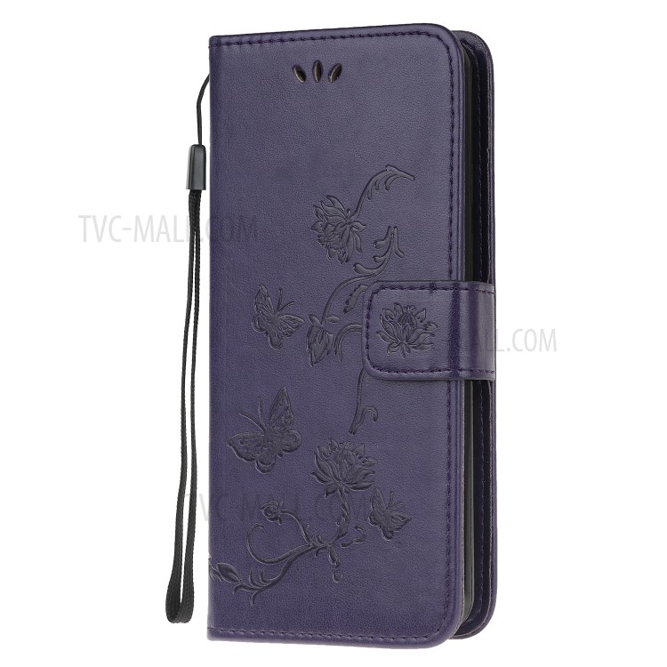 Imprint Butterfly Flower PU Leather Flip Stand Phone Case for Samsung Galaxy A21 - Dark Purple-2
