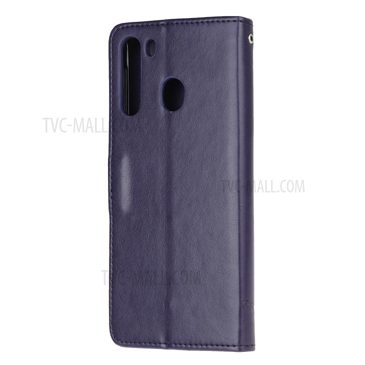 Imprint Butterfly Flower PU Leather Flip Stand Phone Case for Samsung Galaxy A21 - Dark Purple-3
