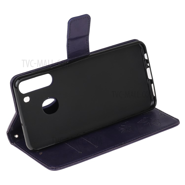 Imprint Butterfly Flower PU Leather Flip Stand Phone Case for Samsung Galaxy A21 - Dark Purple-4