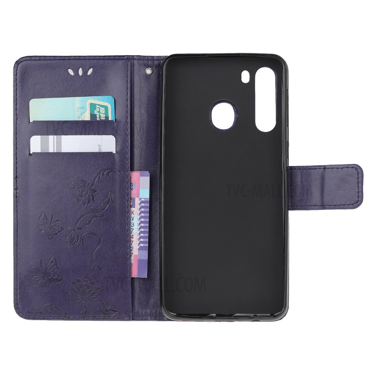 Imprint Butterfly Flower PU Leather Flip Stand Phone Case for Samsung Galaxy A21 - Dark Purple-5