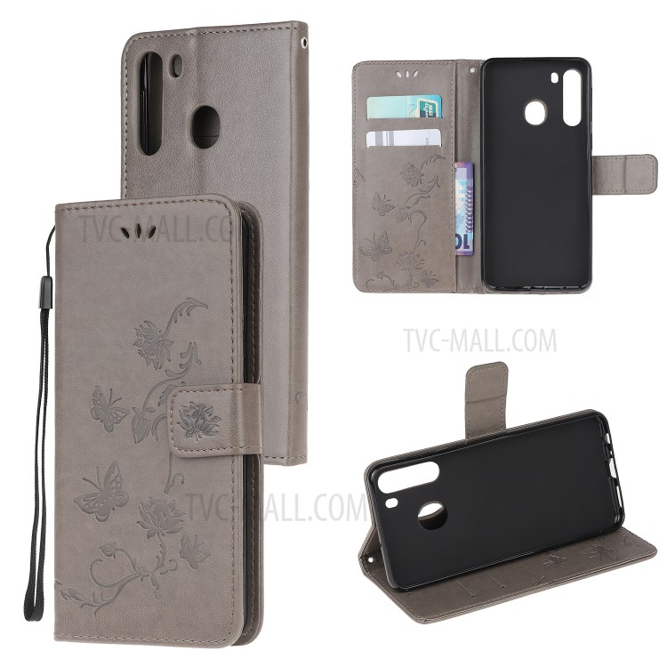Imprint Butterfly Flower PU Leather Flip Stand Phone Case for Samsung Galaxy A21 - Grey-1
