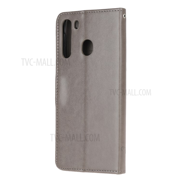 Imprint Butterfly Flower PU Leather Flip Stand Phone Case for Samsung Galaxy A21 - Grey-3