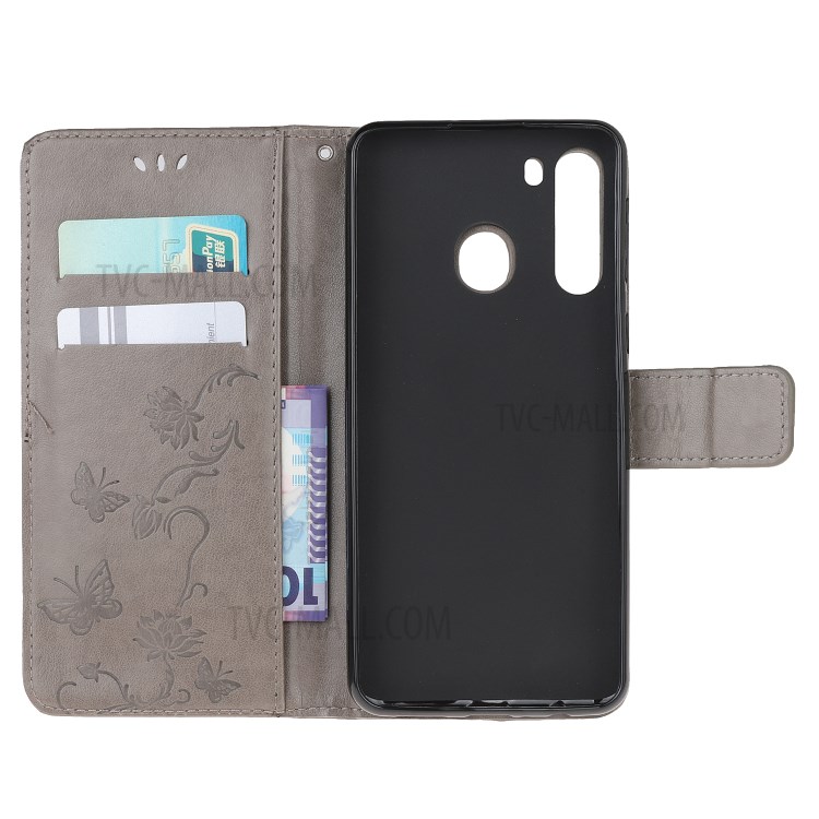Imprint Butterfly Flower PU Leather Flip Stand Phone Case for Samsung Galaxy A21 - Grey-5