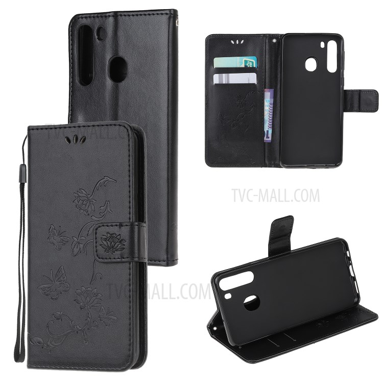 Imprint Butterfly Flower PU Leather Flip Stand Phone Case for Samsung Galaxy A21 - Black-1