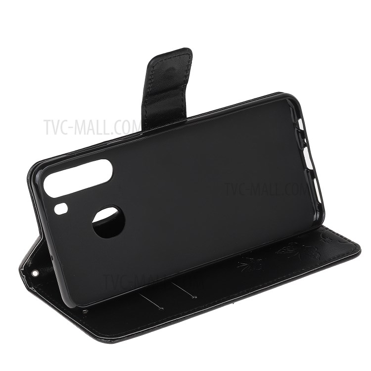 Imprint Butterfly Flower PU Leather Flip Stand Phone Case for Samsung Galaxy A21 - Black-4