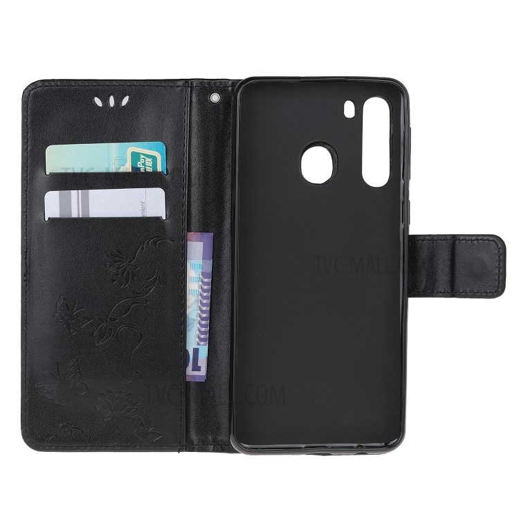 Imprint Butterfly Flower PU Leather Flip Stand Phone Case for Samsung Galaxy A21 - Black-5