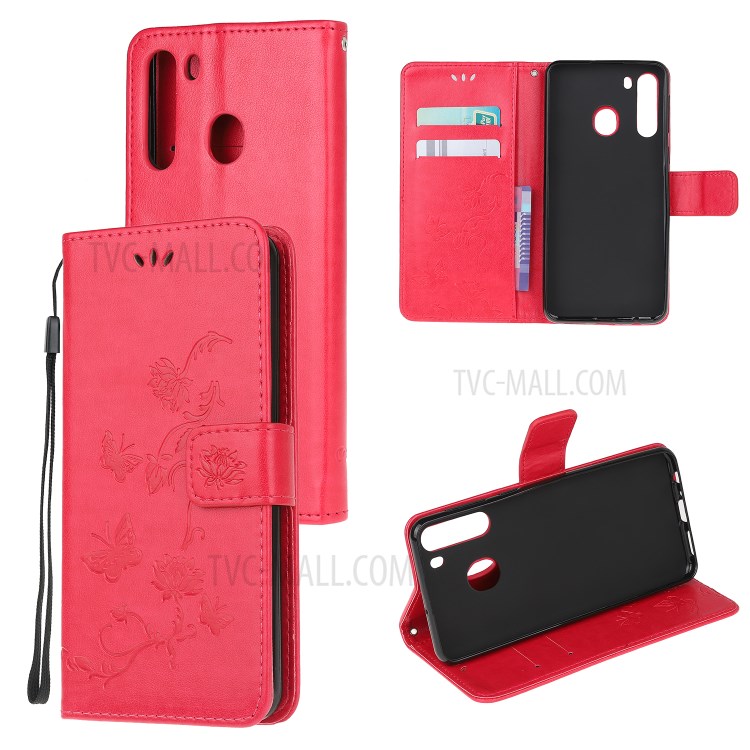 Imprint Butterfly Flower PU Leather Flip Stand Phone Case for Samsung Galaxy A21 - Red-1