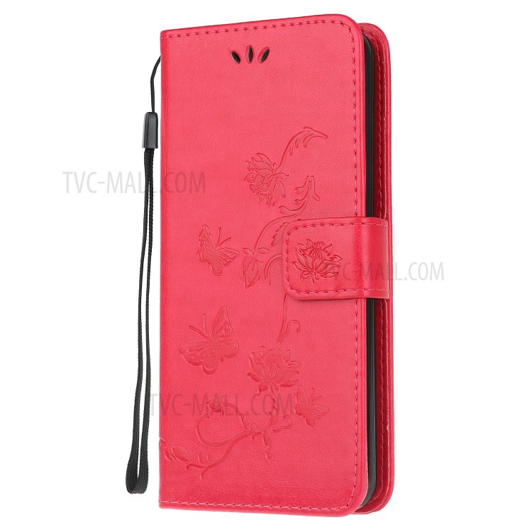 Imprint Butterfly Flower PU Leather Flip Stand Phone Case for Samsung Galaxy A21 - Red-2