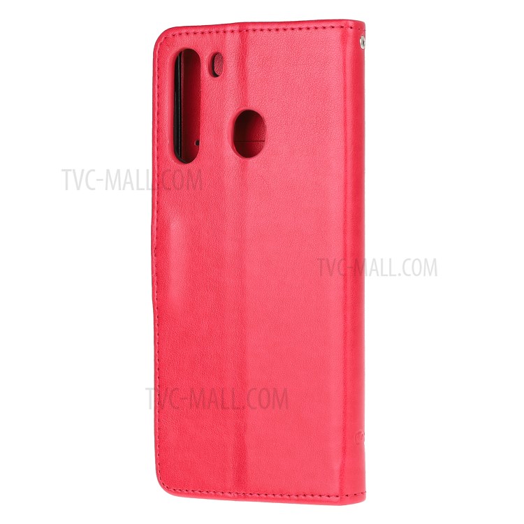 Imprint Butterfly Flower PU Leather Flip Stand Phone Case for Samsung Galaxy A21 - Red-3