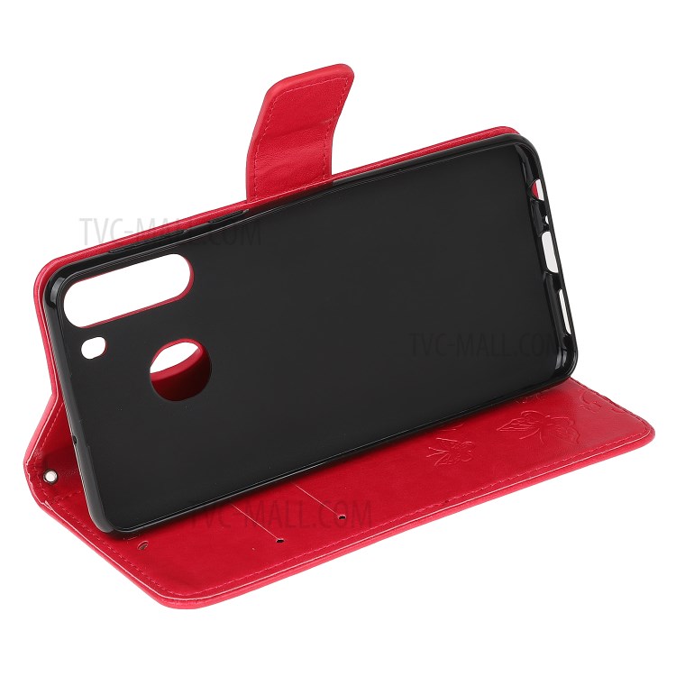 Imprint Butterfly Flower PU Leather Flip Stand Phone Case for Samsung Galaxy A21 - Red-4