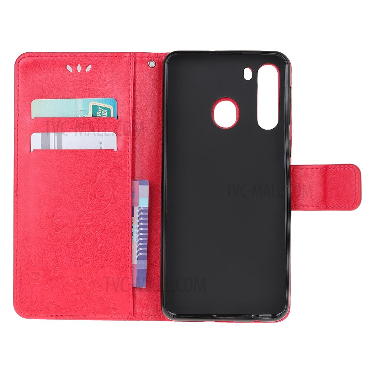 Imprint Butterfly Flower PU Leather Flip Stand Phone Case for Samsung Galaxy A21 - Red-5