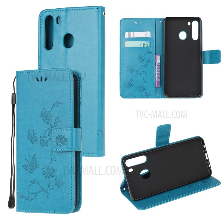Imprint Butterfly Flower PU Leather Flip Stand Phone Case for Samsung Galaxy A21 - Blue-1